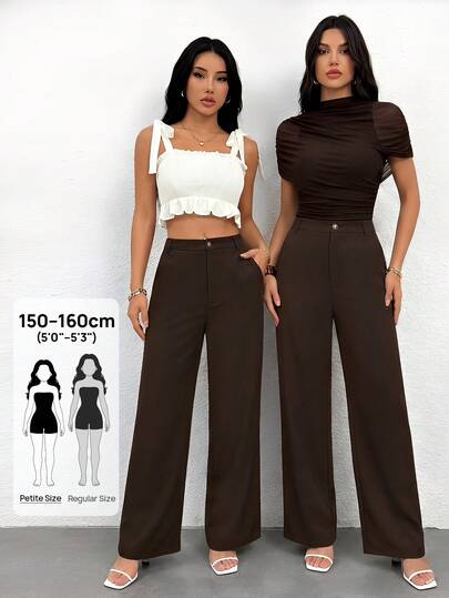 SHEIN PETITE Women's Casual Straight Leg Pants With Pockets,Petite Women Office Work Dark Brown Autumn